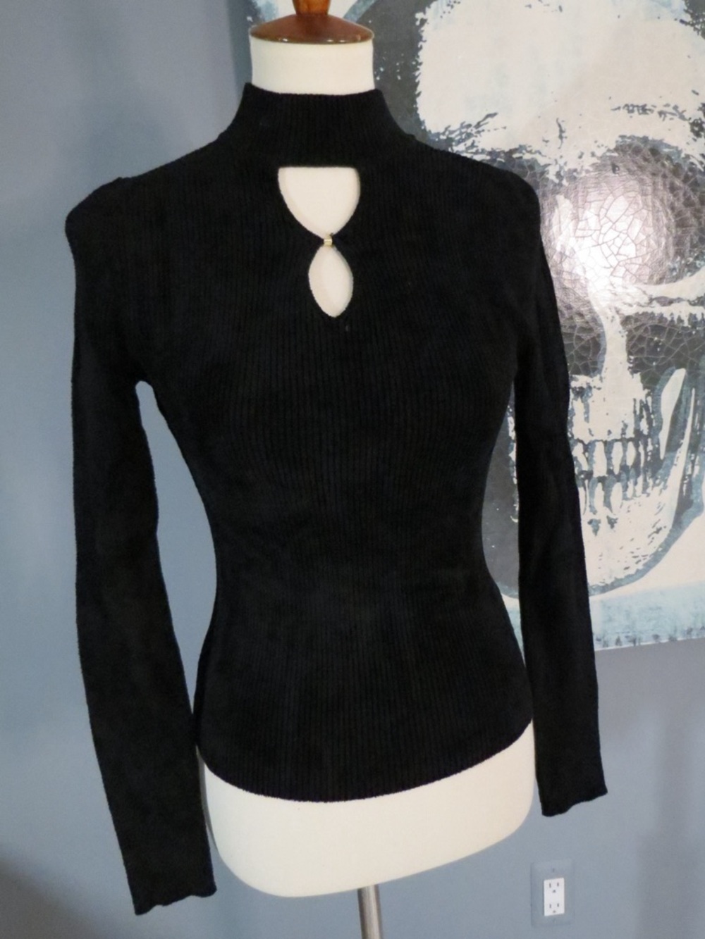 Black Ribbed Keyhole Mock Neck Top